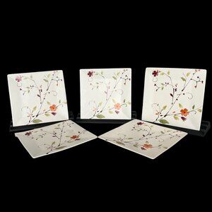 Hand Painted Set of 5 Floral Porcelain Plates Asian Inspired 8" Square Spring
